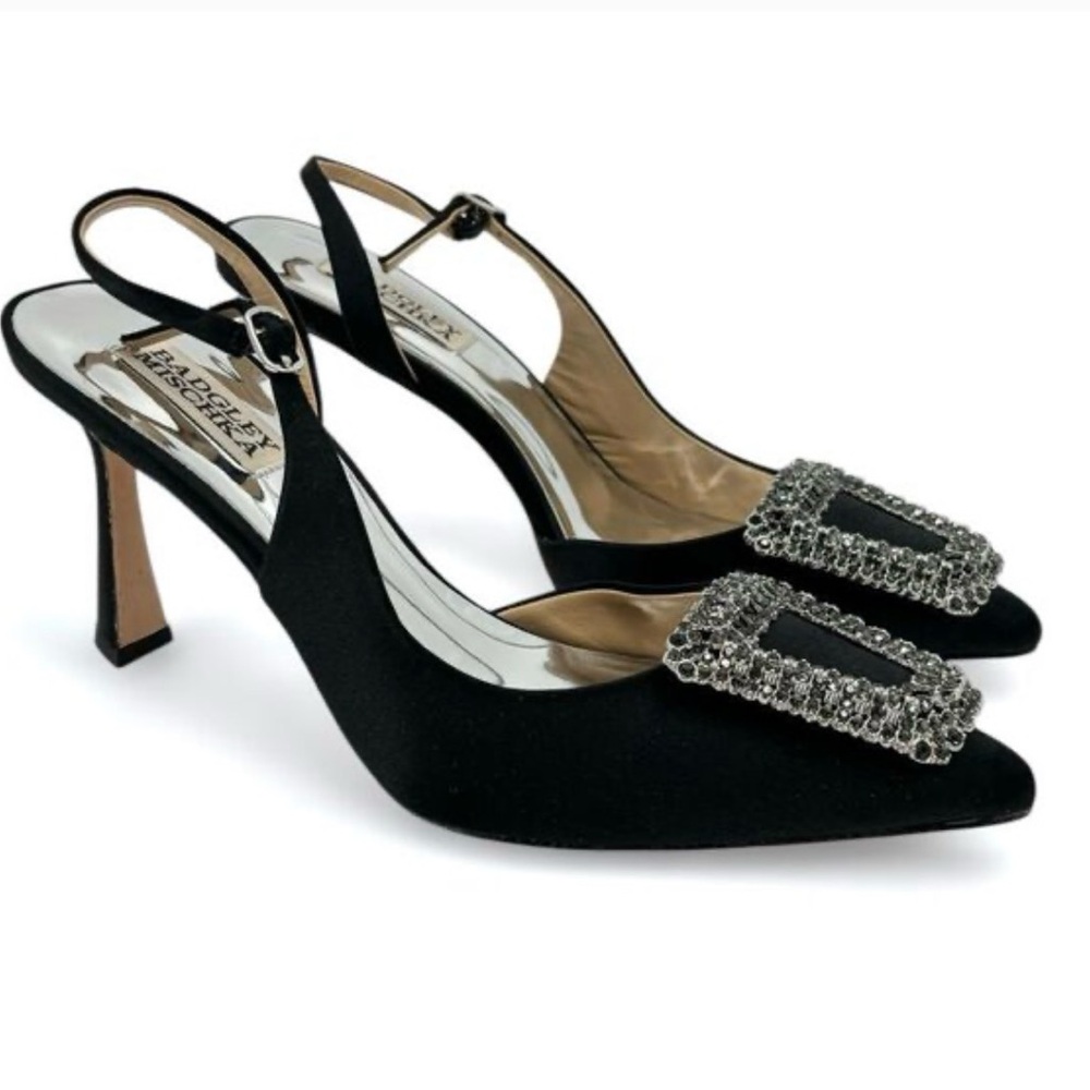 Badgley Mischka Black Enida Satin Crystal Buckle Slingback Pumps Size 11 EUC - Picture 4 of 16